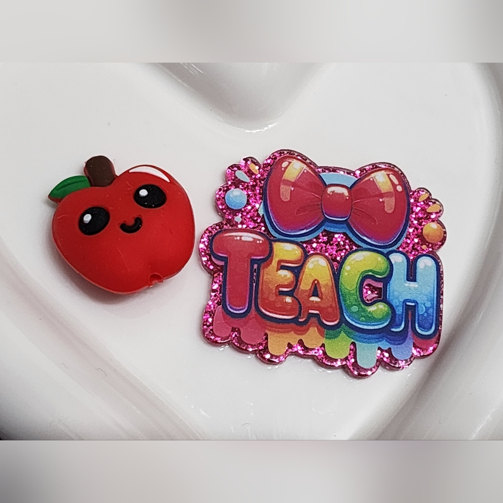 Teach Flatback Apple Beads Teacher Badge Keychain Bag Clip Phone Chain Magnet